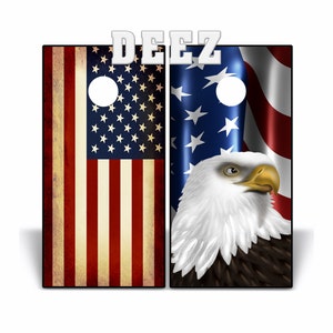 Cornhole Wraps Cornhole Decals 2 Vinyl Decal Wraps - non matching 1 with AMERICAN EAGLE and waving flag - one with Rustic Flag USA V1