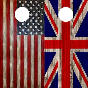Adesivi in vinile per cornhole con bandiera americana e bandiera britannica Union Jack, motivo in legno, set di 2