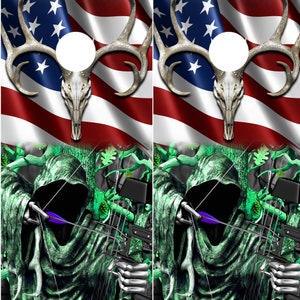 Cornhole Wraps 2 Vinyl GREEN OBLITERATION Camo American Flag Decal Wraps both with Grim Reaper Bow Hunter Camouflage Cornhole Decals