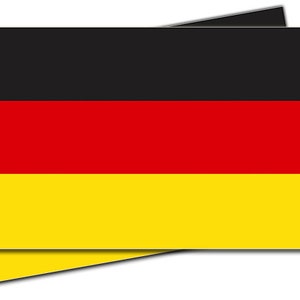 May include: Two rectangular flags of Germany. The flags feature three horizontal stripes: black at the top, red in the middle, and yellow at the bottom. The flags are slightly overlapping, with one angled to the left.
