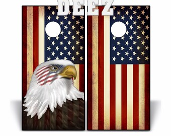 Cornhole Wrap 2 Vinyl Decal Wraps non-mtaching - 1 with AMERICAN EAGLE - 1 with only Rustic Flag - Eagle Eye USA V2