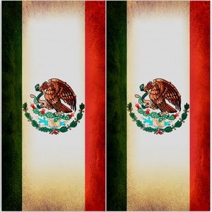 May include: A vintage-style image of the Mexican flag. The flag is divided into three vertical stripes: green, white, and red. The white stripe features the Mexican coat of arms, which depicts a golden eagle perched on a cactus, with a snake in its beak. The eagle is standing on a rock, and the cactus is surrounded by a wreath of oak and laurel leaves.
