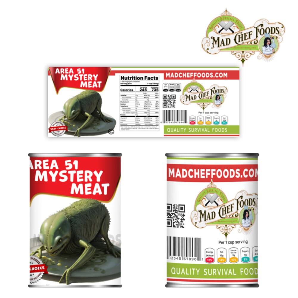 FUNNY Alien-themed Area 51 Mystery Meat Can Labels = Adhesive Vinyl Can ...