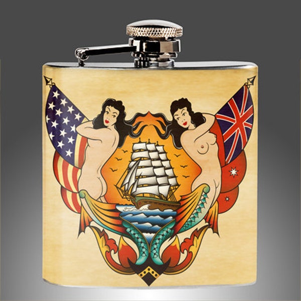 Sailor Jerry Style Tattoo Flash Flask, Traditional  Tattoo art Whiskey Flasks, retro tattoo  Birthday Gift Stainless Steel Liquor Hip Flask