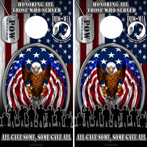 Cornhole Wraps American Eagle with POW MIA Dog Tags | 2 Vinyl Decals for Cornhole Boards