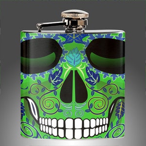 Day of the Dead Flask Green - Sugar Skull Flask - Día de los Muertos Flask - Stainless Steel 6 oz Liquor Hip Green Flask