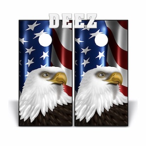 Cornhole Wraps for Cornhole Bean Toss Boards - 2 Vinyl Decal Wraps Matching AMERICAN Waving Flag with Bald Eagle USA V1