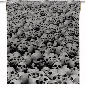 Könnte beinhalten: Ein Schwarzweißbild eines großen Stapels menschlicher Schädel. Die Schädel sind in einem zufälligen Muster angeordnet und alle in verschiedene Richtungen gerichtet.