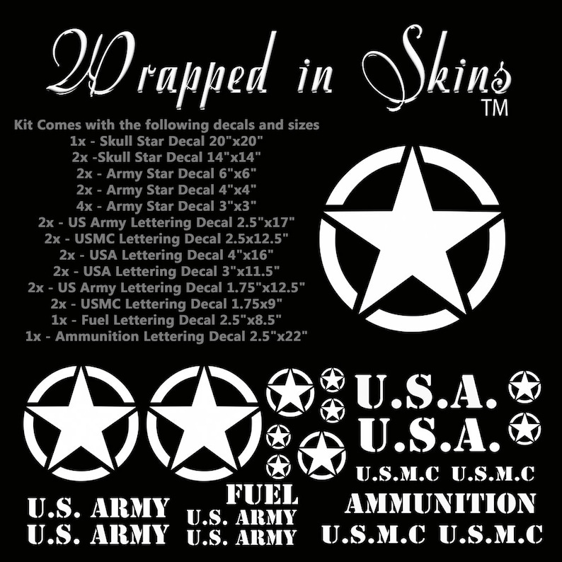 Military Star Decal Kit for Compact 4x4 Vehicles Trucks Cars WHITE