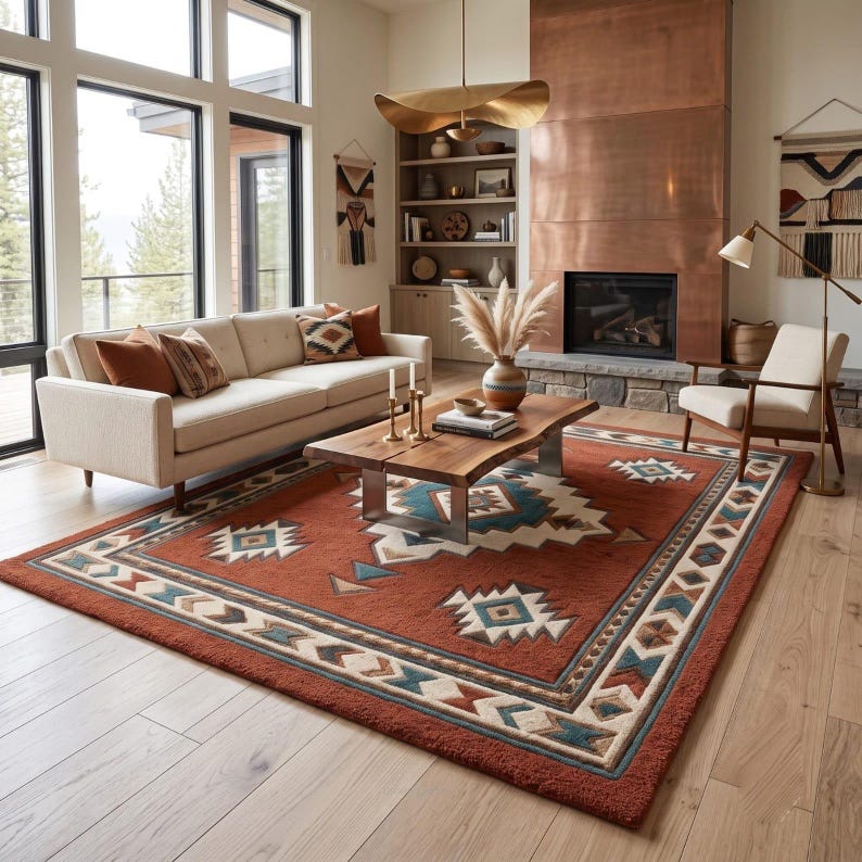 Orange Aztec Rug Southwestern Wool Area Rug, Rust Terracotta Aztec Rug, Hand Tufted Boho ...