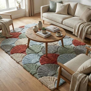 Hand Tufted Seashell Rug, Scallop Shell Wool Area Rug Textured Carved Aesthetic Rug for Living Room, Boho Art Deco Fan Rug, Custom Size Rug