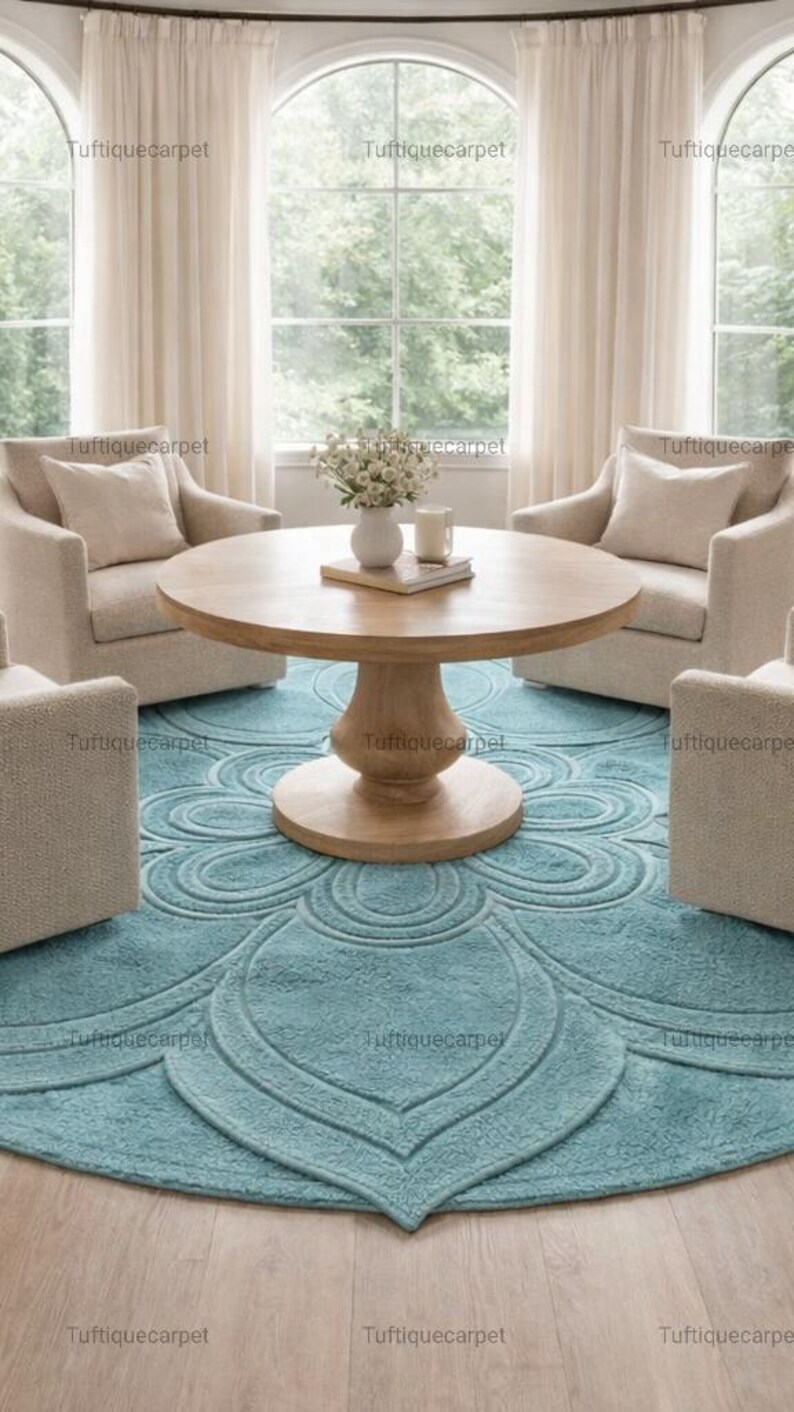 Modern Rug Lotus Rug Hand Tufted 3D Lotus Round Rug, Teal Carved Area Rug for Living Room ...