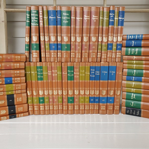 hardcover books for display Great Books of the Western World Britannica Complete Set 1-54 Vintage 1952 Set Tan Bookshelf Office Decor Classics Literature