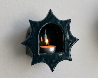 Handmade Ceramic Sunburst Wall Candle Holder, Celestial Tealight Sconce, Organic Home Decor