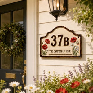 May include: A rectangular house address plaque with a cream-colored background and a dark brown border. The plaque features the black text 37B and the inscription THE CAMPBELLS' HOME, decorated with painted red poppy flowers and white daisies.