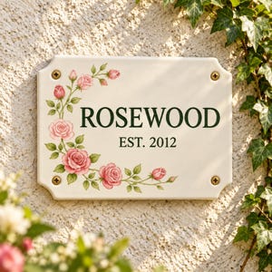 Op de afbeelding: Een rechthoekig gebroken wit keramieken bord met afgeronde hoeken en vier goudkleurige schroeven. Het bord heeft een bloemmotief van roze rozen en groene bladeren aan de linkerkant, met de donkergroene tekst ROSEWOOD en EST. 2012 in het midden.