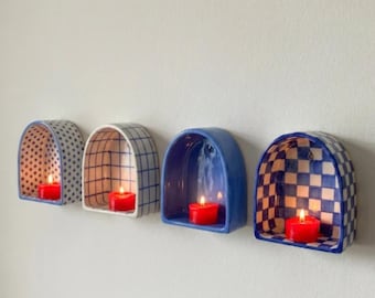 Handmade Ceramic Arch Niche Sconce, Blue Checkered Tealight Holder, Minimalist Wall Decor