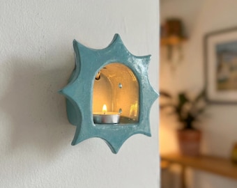 Handmade Ceramic Sun Tealight Holder, Boho Wall Sconce, Cozy Ambiance Decor