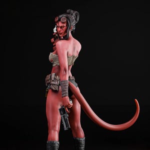 May include: A red-skinned figure with a long tail, wearing a tattered top, shorts, and boots, holding a gun. The figure has dark hair and goggles, standing on a rocky base. The overall theme is fantasy or comic book character.