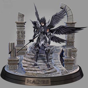 May include: A detailed figurine of a character in black armor with large black wings, holding a sword. The figure stands on a stone platform with architectural elements. The base of the figure has the word "HADES".