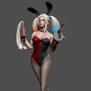 May include: A figurine of a woman in a red and black bodysuit, fishnet stockings, and high heels. She wears a bunny ears headband and holds a bottle and a toy gun. Her hair is blonde with red and blue streaks. The figurine stands on a white pedestal.