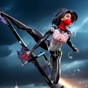 May include: A dynamic digital illustration of a superheroine in a black and white suit with a red spiderweb design on the chest. She wears a red mask and is posed mid-action against a cityscape backdrop under a stormy sky.