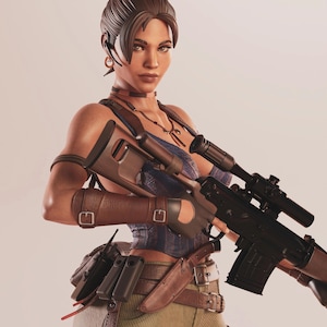 Puede incluir: Ilustración digital de una mujer sosteniendo un rifle negro con mira telescópica. Viste un top azul, protectores de brazo de cuero marrón y un cinturón utilitario con un cuchillo y bolsas. Su cabello está peinado hacia atrás y tiene una expresión seria.