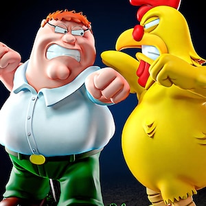 May include: A detailed figurine set featuring Peter Griffin and the Giant Chicken in a dynamic, action-oriented pose. Peter is wearing a white shirt, green pants, and brown shoes. The chicken is bright yellow with a red comb and wattle. The background is dark.