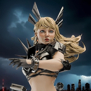 May include: A detailed figurine of a female character with blonde hair, wearing a futuristic black and silver outfit. The figure has a determined expression, set against a backdrop of a city skyline and a stormy sky. The figure is a collectible item.