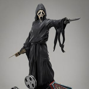 May include: A black figure in a hooded robe and a Scream mask, holding a knife and a vintage phone. The figure stands on a base with a movie projector and a "Drive-In" sign. A horror-themed collectible.