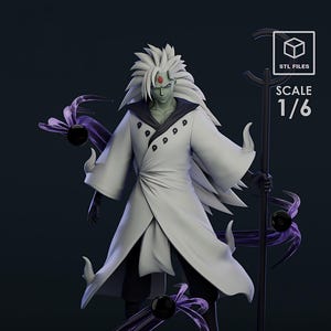 May include: A detailed figurine of a character with spiky white hair, a white coat, and black pants. The figure holds a staff and is surrounded by purple energy effects. The base is a rock formation. The text "STL FILES" and "SCALE 1/6" are visible.