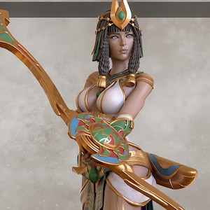 May include: A detailed statue of a woman in ancient Egyptian attire. The figure wears a gold headdress with a green stone, a white and gold dress, and gold armbands. She holds a large, ornate golden staff with red, blue, and green accents.