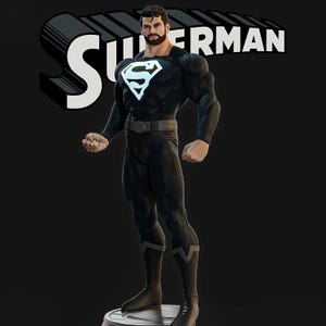 May include: A black Superman figure with a white and blue emblem on the chest. The figure is wearing a black suit, boots, and belt. The word "Superman" is displayed in white on a black background.