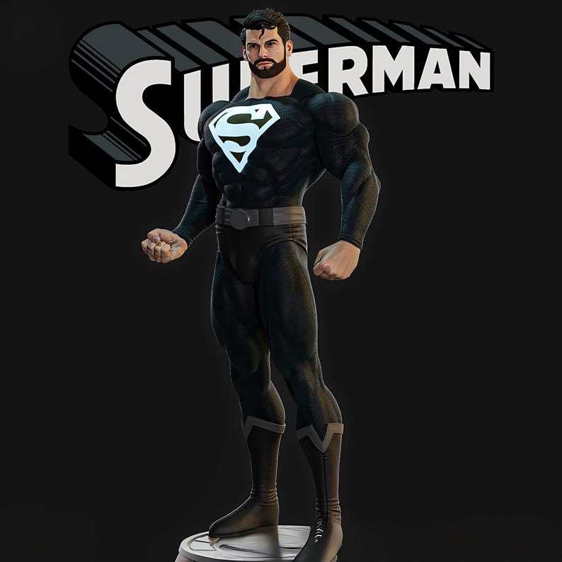 May include: A black Superman figure with a white and blue emblem on the chest. The figure is wearing a black suit, boots, and belt. The word "Superman" is displayed in white on a black background.