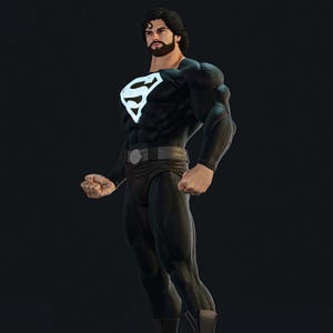 May include: A black superhero costume with a white emblem on the chest. The figure has dark hair and a beard, and is wearing a black belt. The costume is form-fitting and has a textured appearance.