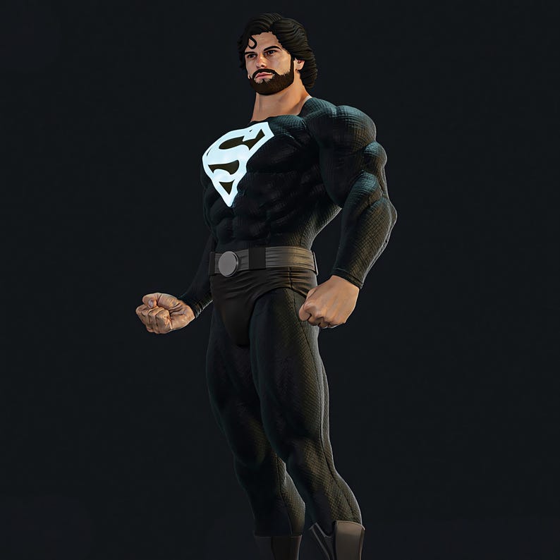May include: A black superhero costume with a white emblem on the chest. The figure has dark hair and a beard, and is wearing a black belt. The costume is form-fitting and has a textured appearance.