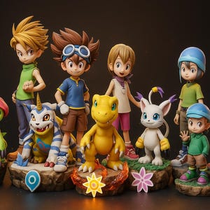 May include: A collection of detailed figurines featuring characters from an animated series. The figures include children and their animal companions, each with unique designs and vibrant colors. The figurines are posed on small, detailed bases.