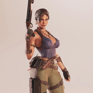 May include: A woman in a blue and brown outfit, holding a shotgun. She wears a blue corset, green pants, and brown accessories, including a belt, holster, and arm guards. The image has a neutral background.