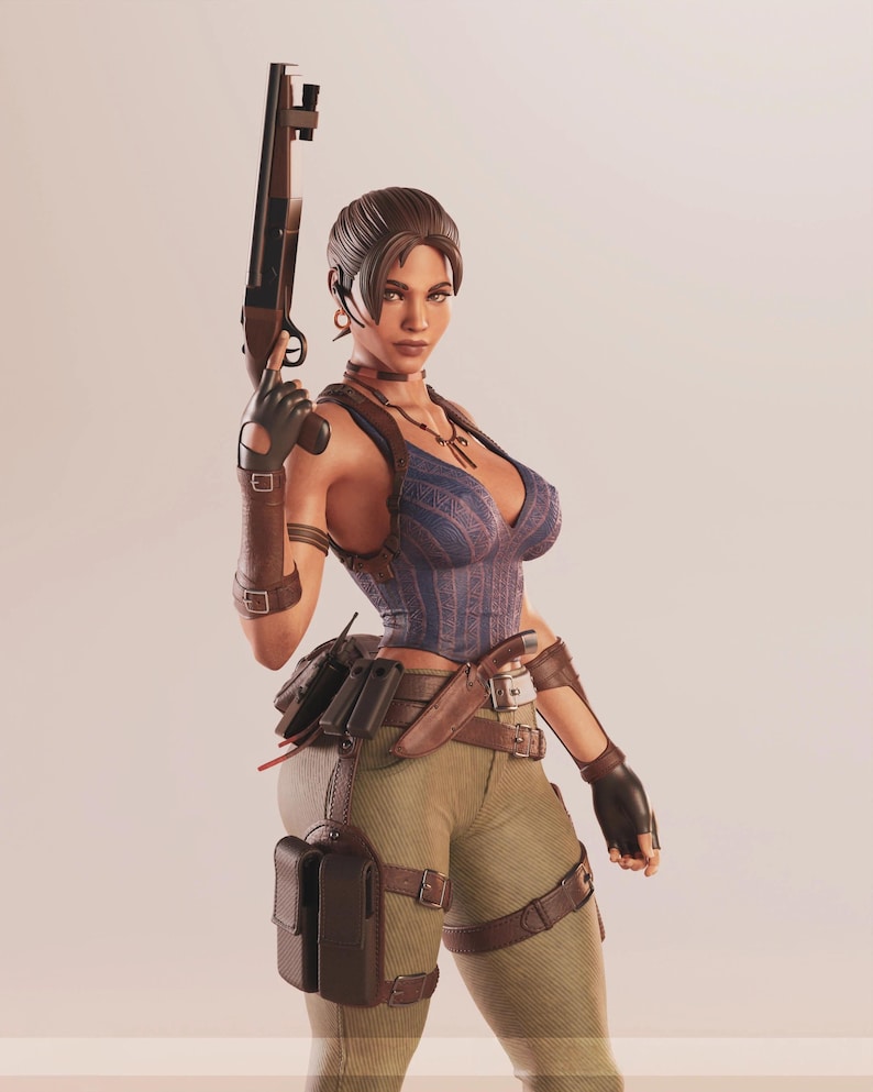May include: A woman in a blue and brown outfit, holding a shotgun. She wears a blue corset, green pants, and brown accessories, including a belt, holster, and arm guards. The image has a neutral background.