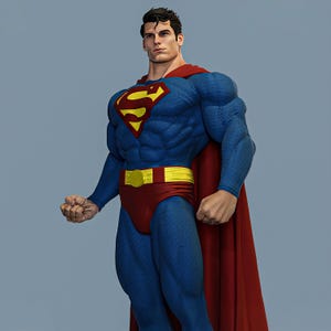 May include: A digitally rendered image of Superman. He is wearing a blue suit with a yellow and red "S" emblem on the chest, a yellow belt, and red briefs. A red cape drapes from his shoulders. The character is muscular and stands against a gray background.