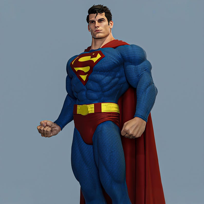 May include: A digitally rendered image of Superman. He is wearing a blue suit with a yellow and red "S" emblem on the chest, a yellow belt, and red briefs. A red cape drapes from his shoulders. The character is muscular and stands against a gray background.