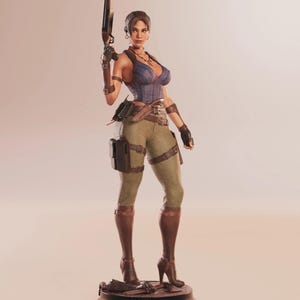 May include: A detailed figurine of a woman in a blue top, green pants, and brown boots, holding a shotgun. The figure has a determined expression and is posed on a black base with a red and white symbol.
