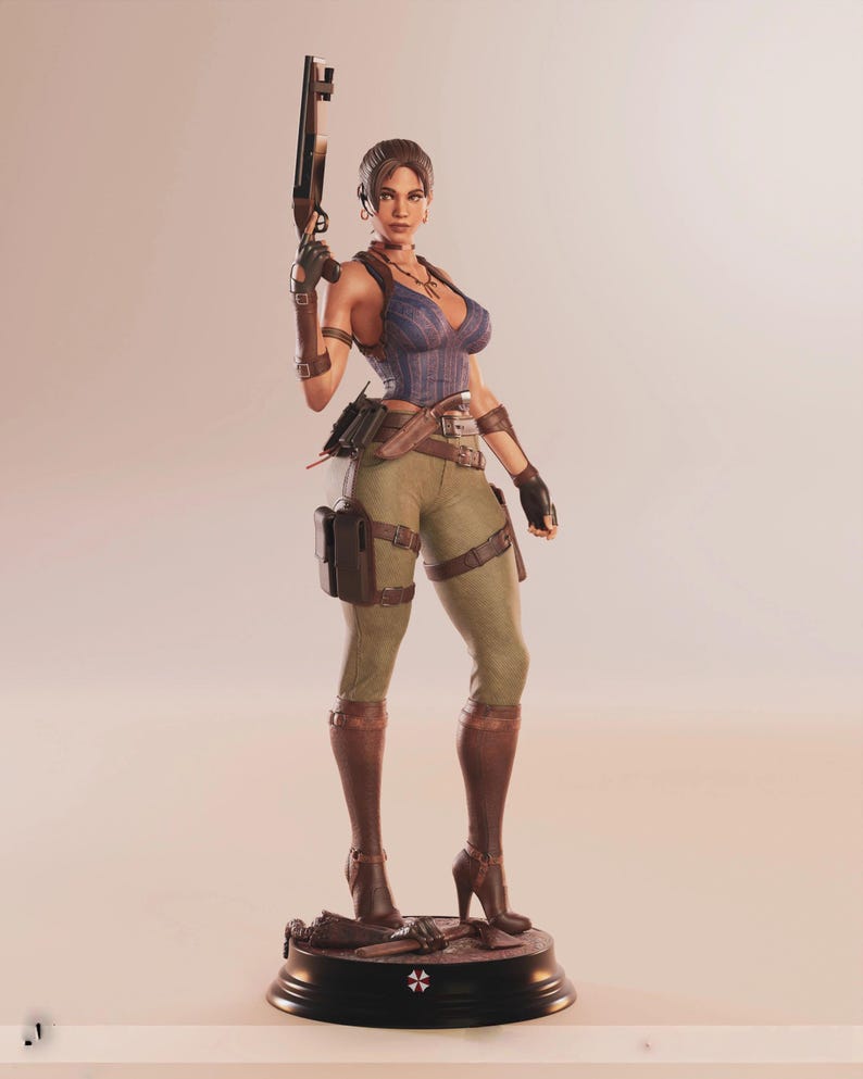 May include: A detailed figurine of a woman in a blue top, green pants, and brown boots, holding a shotgun. The figure has a determined expression and is posed on a black base with a red and white symbol.