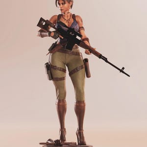 May include: A detailed figurine of a woman in combat attire, holding a rifle. She wears a blue top, olive-green pants, and brown boots. The figure is mounted on a black base with a symbol.