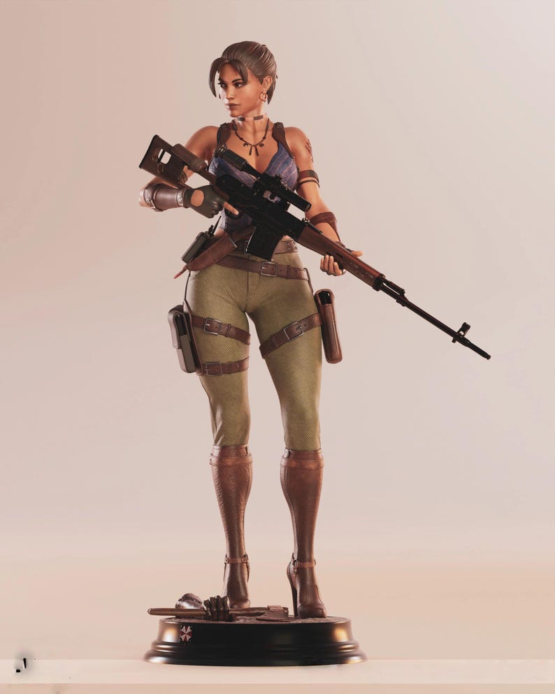 May include: A detailed figurine of a woman in combat attire, holding a rifle. She wears a blue top, olive-green pants, and brown boots. The figure is mounted on a black base with a symbol.