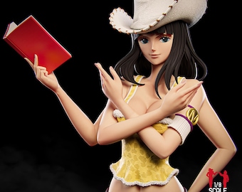 May include: A detailed figurine of a character from the One Piece anime series. The figure wears a white cowboy hat, a yellow top, and a purple belt. She holds a red book and has a gold arm band. The figure is 1/8 scale.