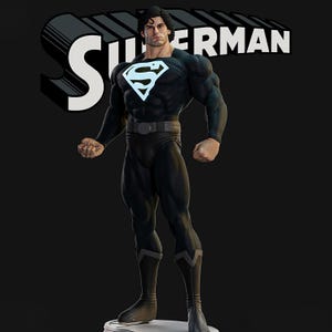 May include: A figure of Superman in a black suit with the iconic white and blue chest emblem. The word "Superman" is displayed in white block letters against a black background. The figure is muscular and stands in a heroic pose.