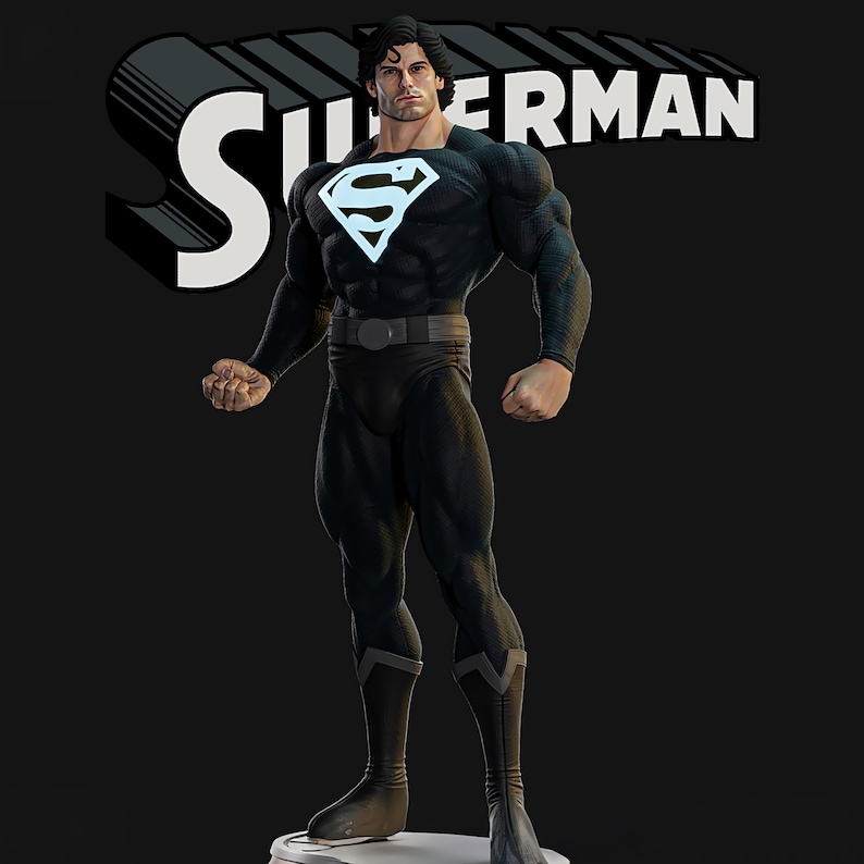May include: A figure of Superman in a black suit with the iconic white and blue chest emblem. The word "Superman" is displayed in white block letters against a black background. The figure is muscular and stands in a heroic pose.