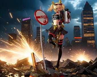 May include: A detailed figurine of a female anime character in a black and red outfit, holding a flamethrower and a sign that reads "BURNICE WHITE". The figure is set against a backdrop of a city in ruins with sparks and explosions.