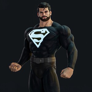 May include: A muscular figure in a black superhero suit with a white "S" emblem on the chest. The suit has a textured pattern. The figure has a dark beard and hair, and a black belt. The background is dark.